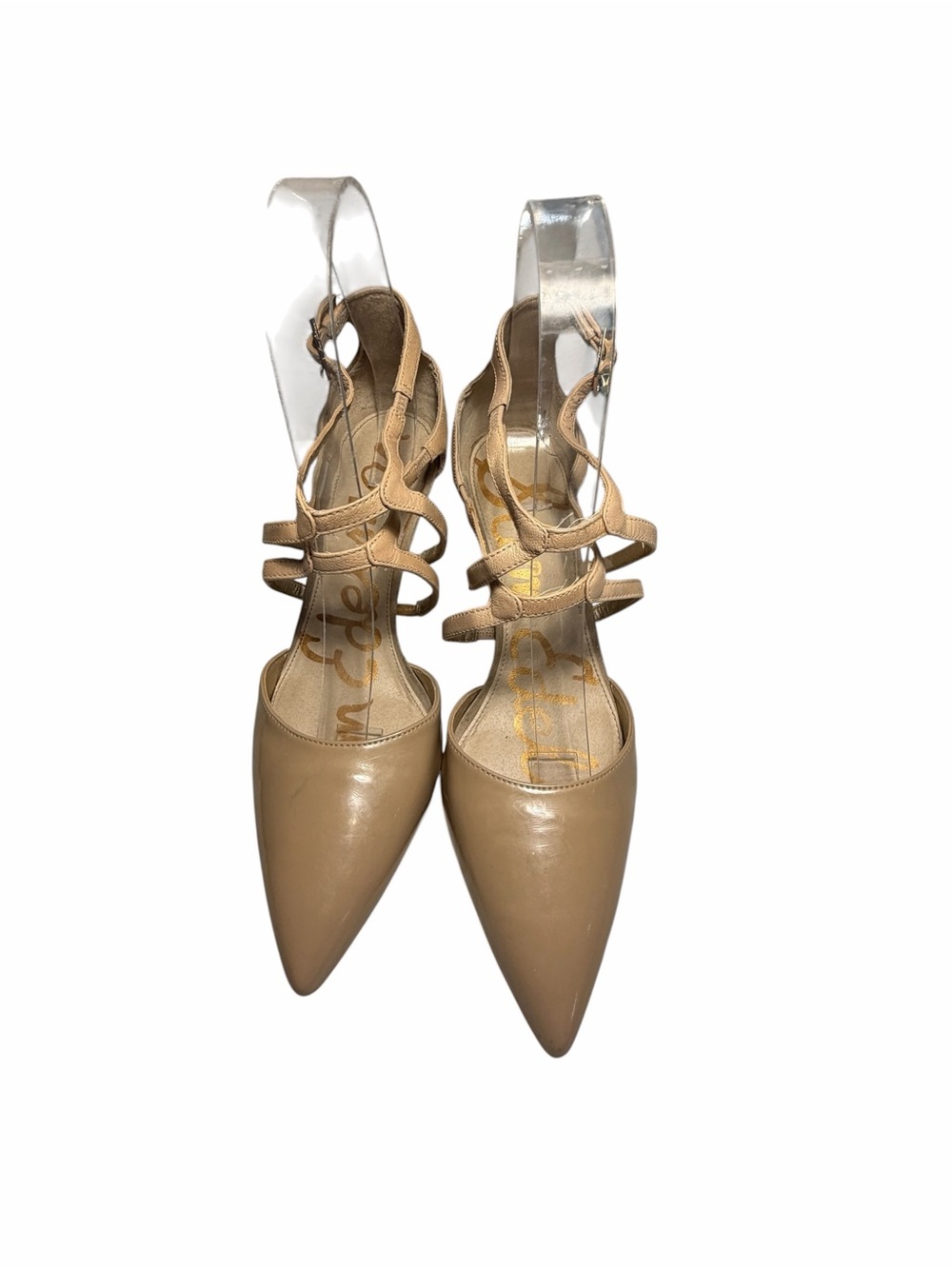 Sam Edelman Grelon Pantent Leather Tan Pointed-Toe Strappy Slingback Heels Sz 8